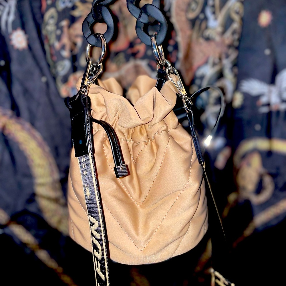 Zara tan mini bucket bag. Short chain strap & long crossbody strap.